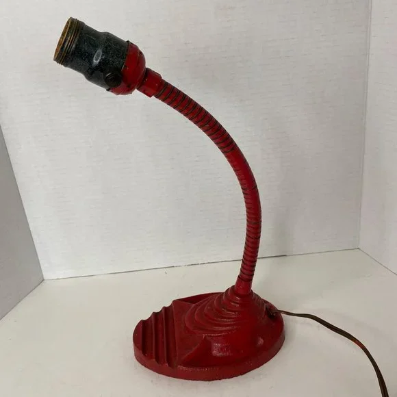 Industrial Art Deco red desk lamp cast iron gooseneck no shade 13" - Picture 3 of 11